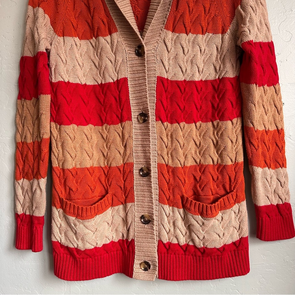 Lands' End Women Coastal Drifter Striped Cable Knit Cardigan Sweater Medium EUC - Picture 3 of 6